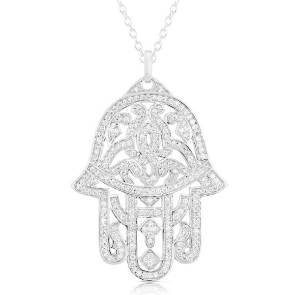 Magnificent Silver Micro Pave Cubic Zirconia Hamsa Pendant