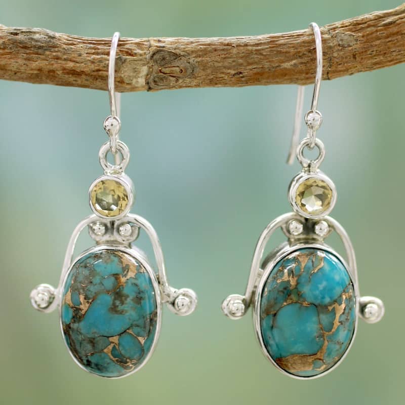 Handmade Sterling Silver Goddess Citrine and Turquoise Dangling Style Multi Stone Earrings (India)