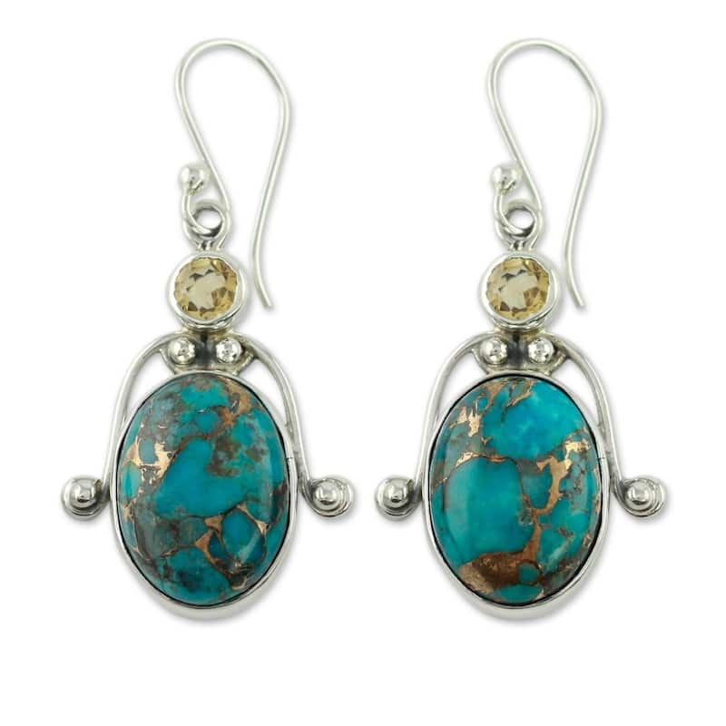Handmade Sterling Silver Goddess Citrine and Turquoise Dangling Style Multi Stone Earrings (India) - Turquoise - Green - White - Blue