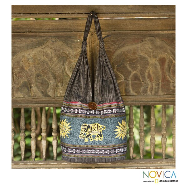 Shop Handmade Cotton 'Sankamphaeng Elephants' Medium Shoulder Bag