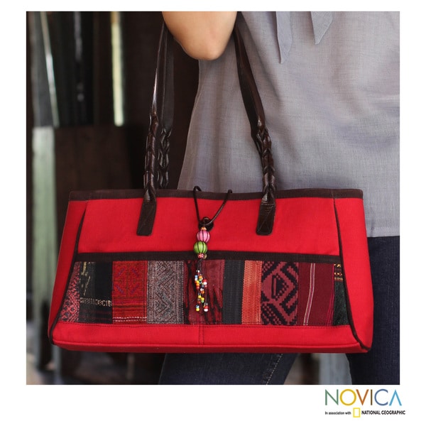 Shop Handmade Cotton Leather Accent 'Red Thai Spice' Medium Shoulder