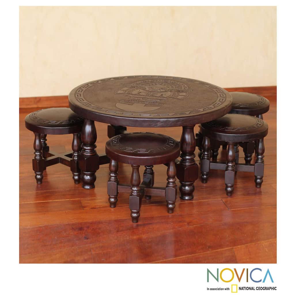 Handmade Inca Legend Brown Tooled Leather and Cedar Wood 4 Nesting Stools with Table Furniture Set (Peru)