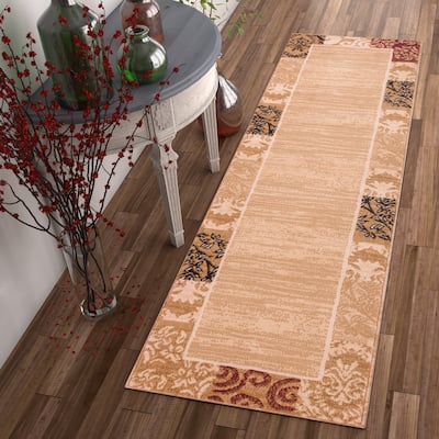 Well Woven Traditional Damask Floral Border Carved Texture Effect Beige Red Runner Rug - 2' x 7'