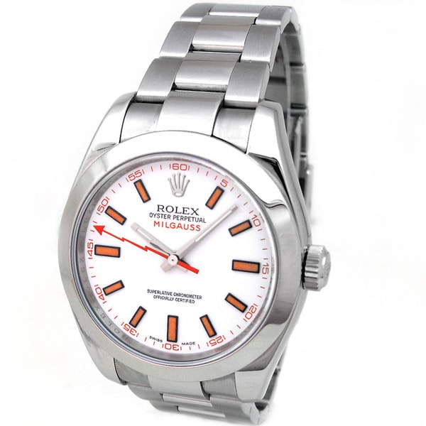 Pre Owned Rolex Men's Stainless Steel Milgauss Watch with White Dial Rolex Men's Pre Owned Rolex Watches