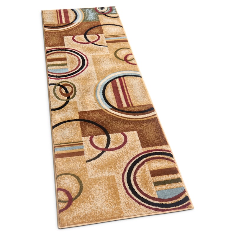 Well Woven Arcs Shapes Modern Abstract Geometric Ivory, Beige, Brown, Blue Red Runner Rug - 2'3" x 7'3"