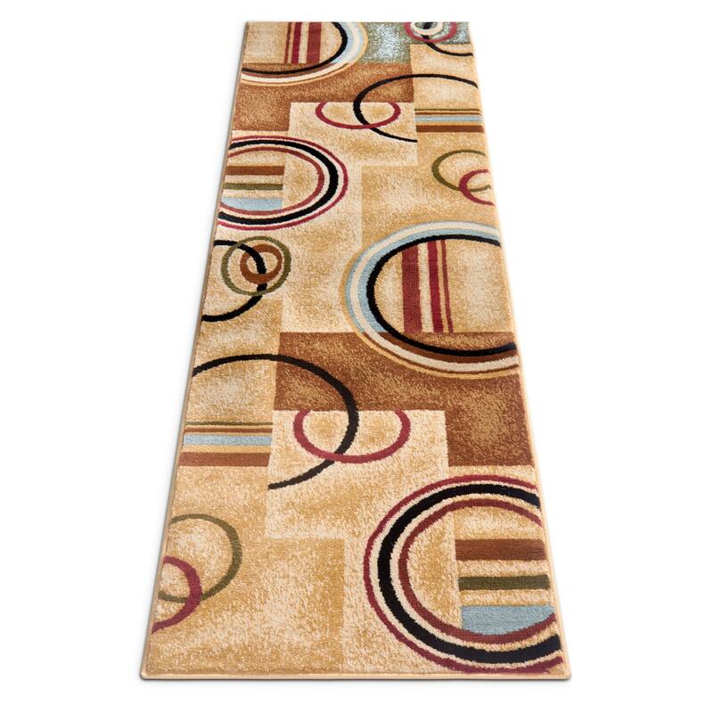Well Woven Arcs Shapes Modern Abstract Geometric Ivory, Beige, Brown, Blue Red Runner Rug - 2'3" x 7'3"