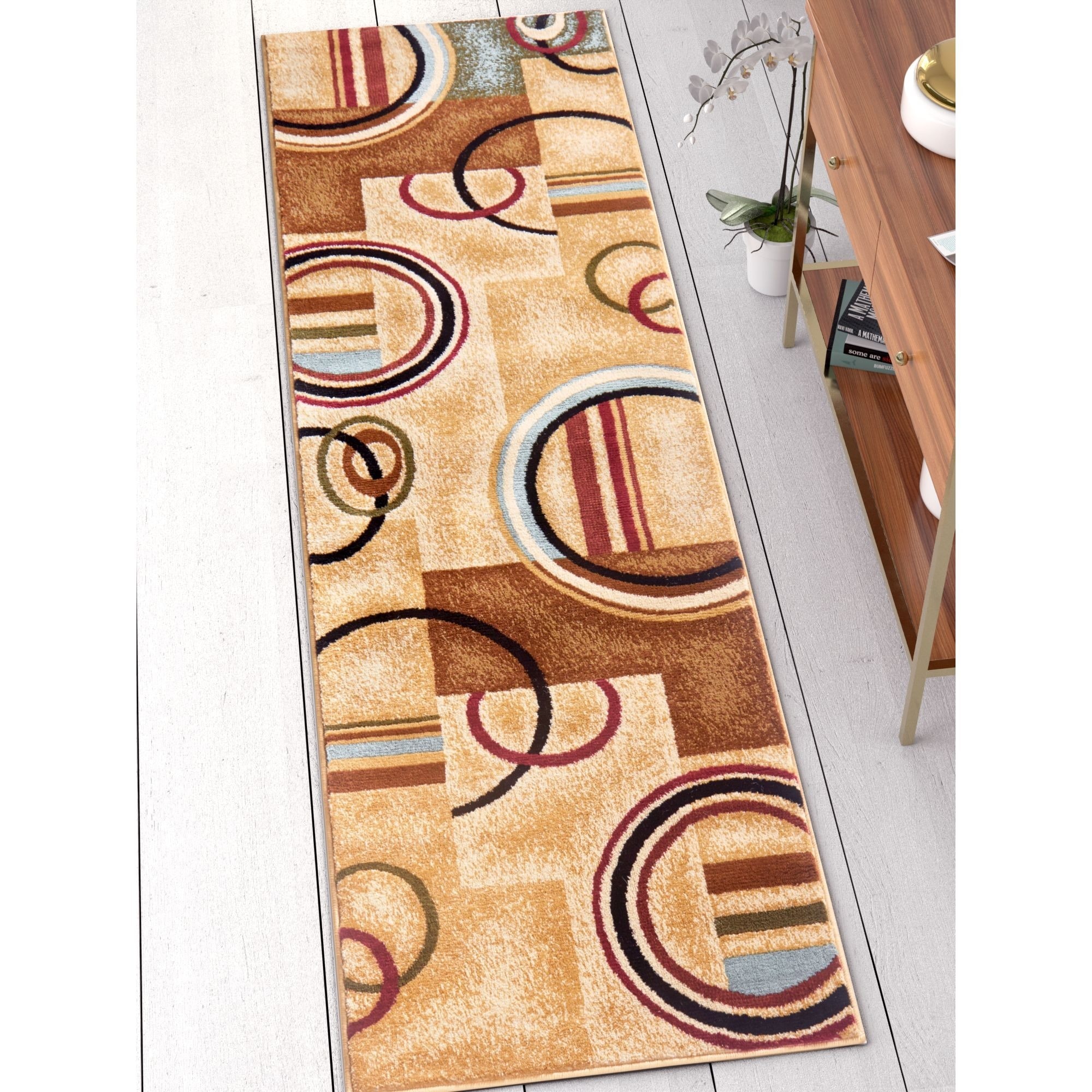 Well Woven Arcs Shapes Modern Abstract Geometric Ivory, Beige, Brown, Blue Red Runner Rug - 2'3" x 7'3"