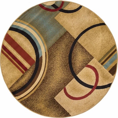 Well Woven Arcs and Shapes Modern Abstract Geometric Ivory, Beige, Brown, Blue and Red Round Rug - 5'3