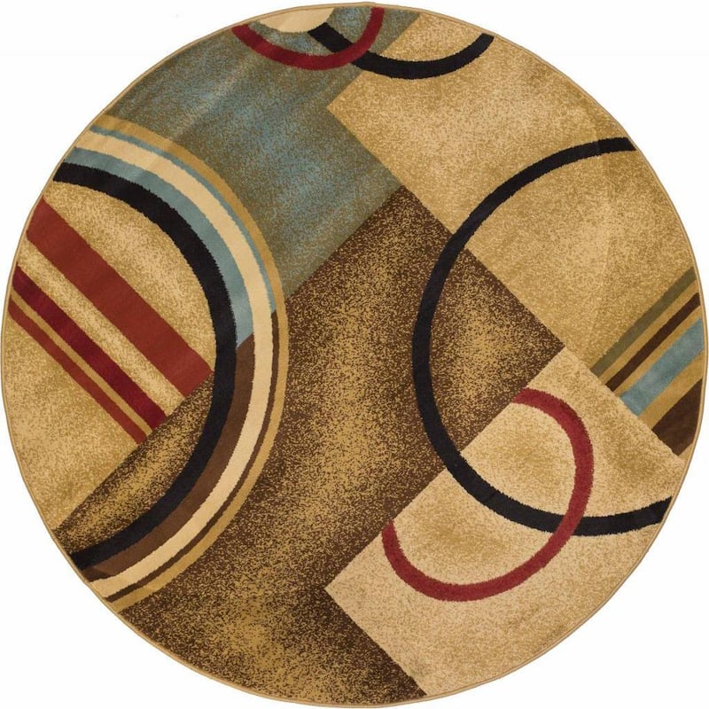 Well Woven Arcs and Shapes Modern Abstract Geometric Ivory, Beige, Brown, Blue and Red Round Rug - 5'3