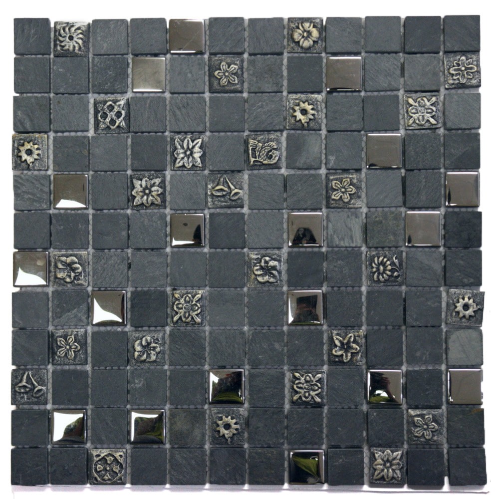 Grey Engraving Mosaic Stone 11.75 inch Square Wall Tiles