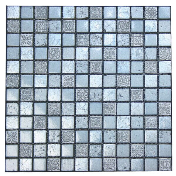 Silver Blue Engraving Mosaic Stone 11.75 inch Square Wall Tiles Wall Tiles