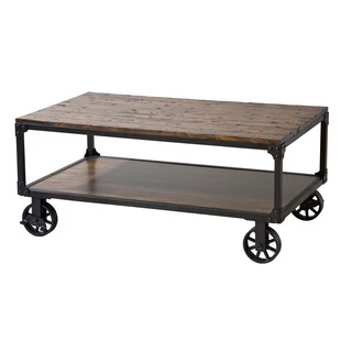 Holly Industrial Cocktail Cart Table with Natural Wood Top