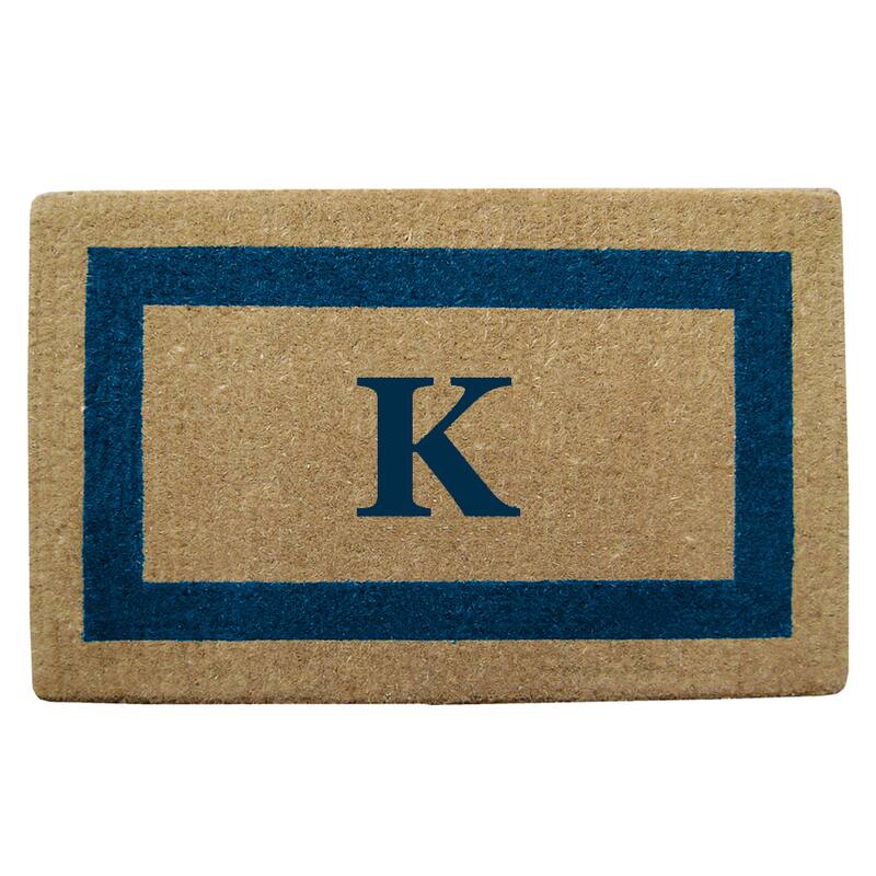 Heavy Duty Coir Monogrammed Frame Blue Door Mat - K - Blue - 22 inches x 36 inches