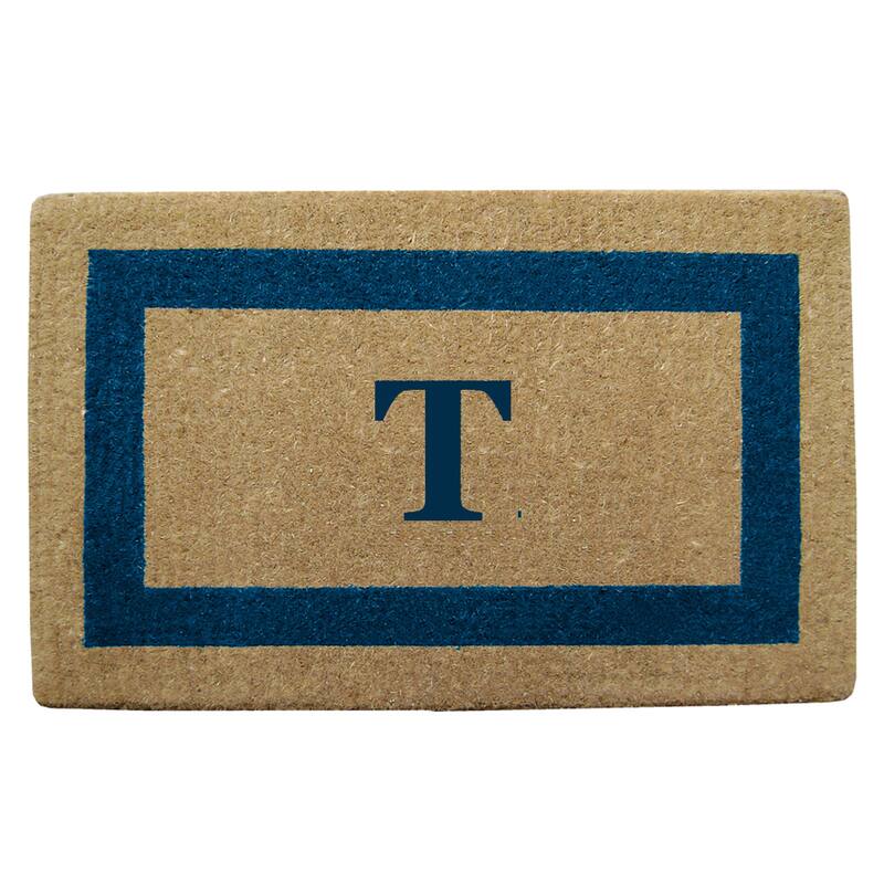 Heavy Duty Coir Monogrammed Frame Blue Door Mat - T - Blue - 22 inches x 36 inches