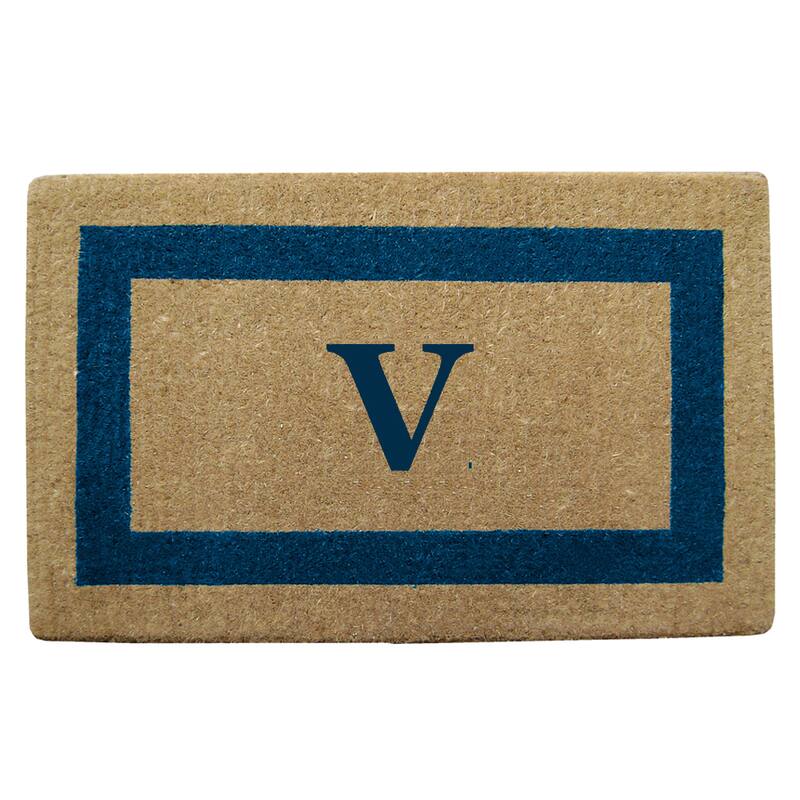 Heavy Duty Coir Monogrammed Frame Blue Door Mat - V - Blue - 22 inches x 36 inches