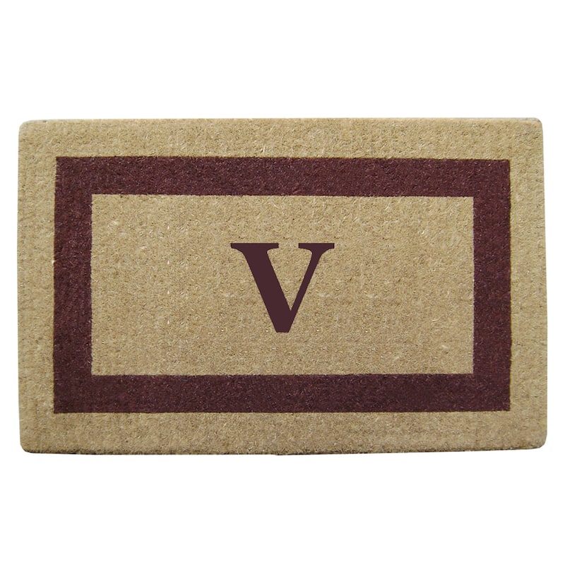 Heavy Duty Coir Monogrammed Brown Frame Door Mat - V - Brown - 22 inches x 36 inches