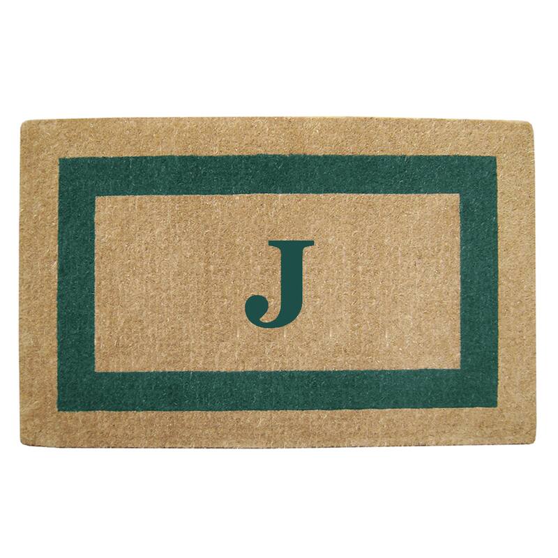 Heavy Duty Coir Green Monogrammed Frame Door Mat - J - Green - 22 inches x 36 inches