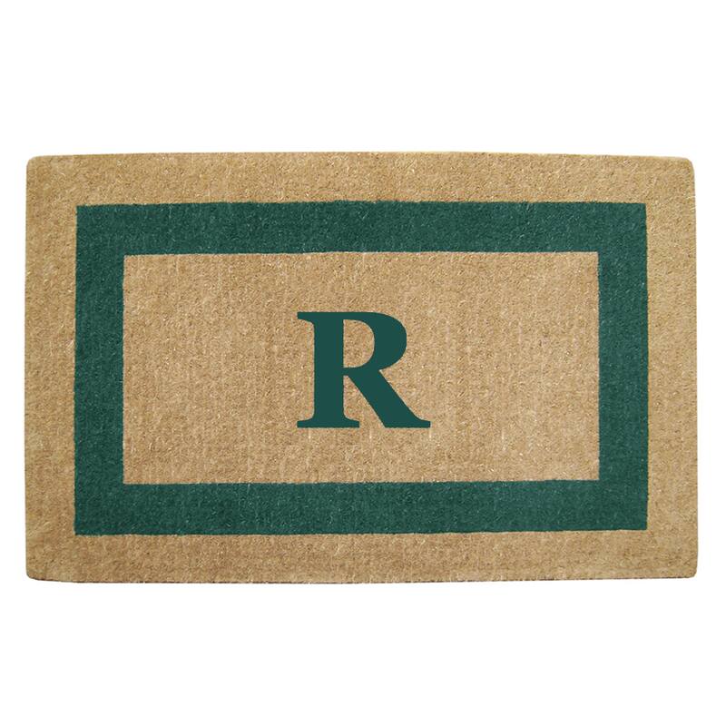 Heavy Duty Coir Green Monogrammed Frame Door Mat - R - Green - 22 inches x 36 inches