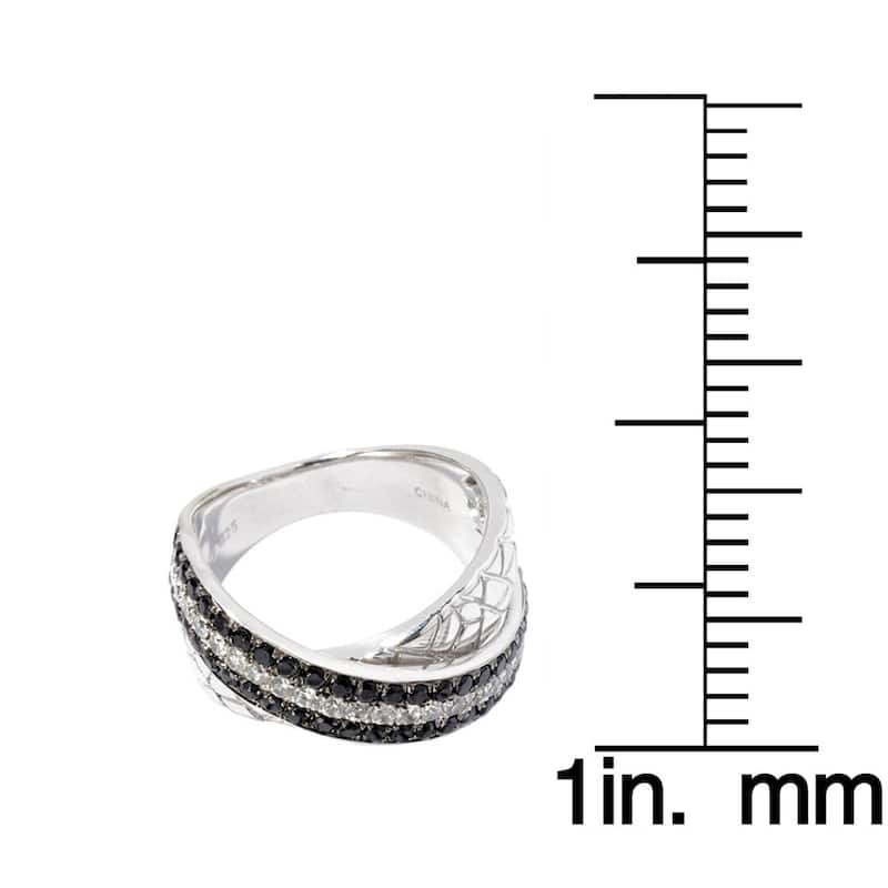 Platinum over Sterling Silver Black Spinel and White Zircon Animal Print Textured Band Ring