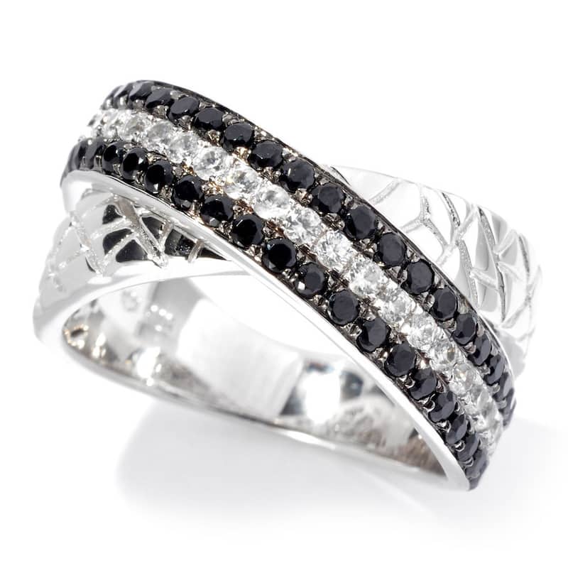 Platinum over Sterling Silver Black Spinel and White Zircon Animal Print Textured Band Ring - 9