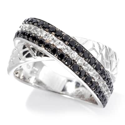 Platinum over Sterling Silver Black Spinel and White Zircon Animal Print Textured Band Ring