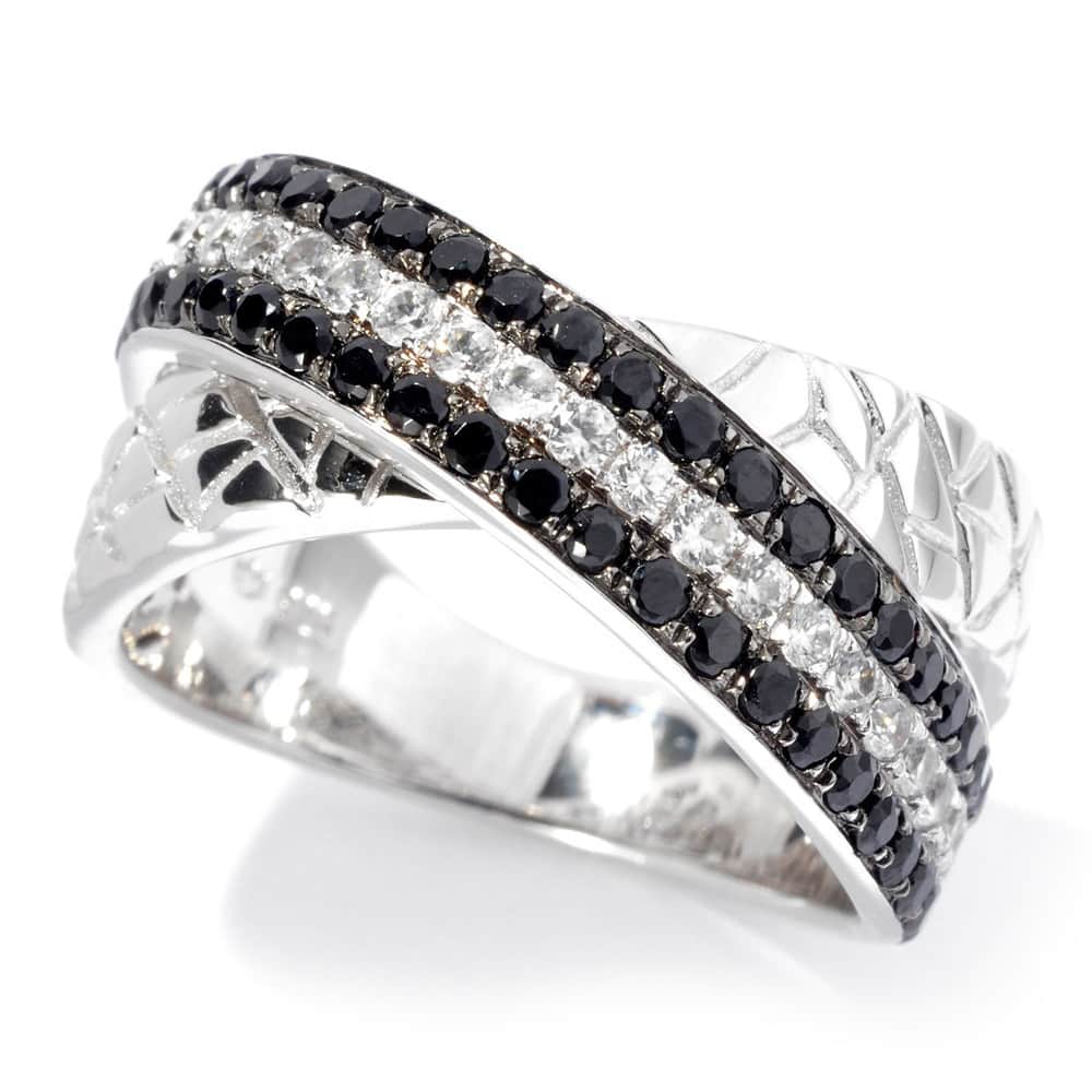 Platinum over Sterling Silver Black Spinel and White Zircon Animal Print Textured Band Ring