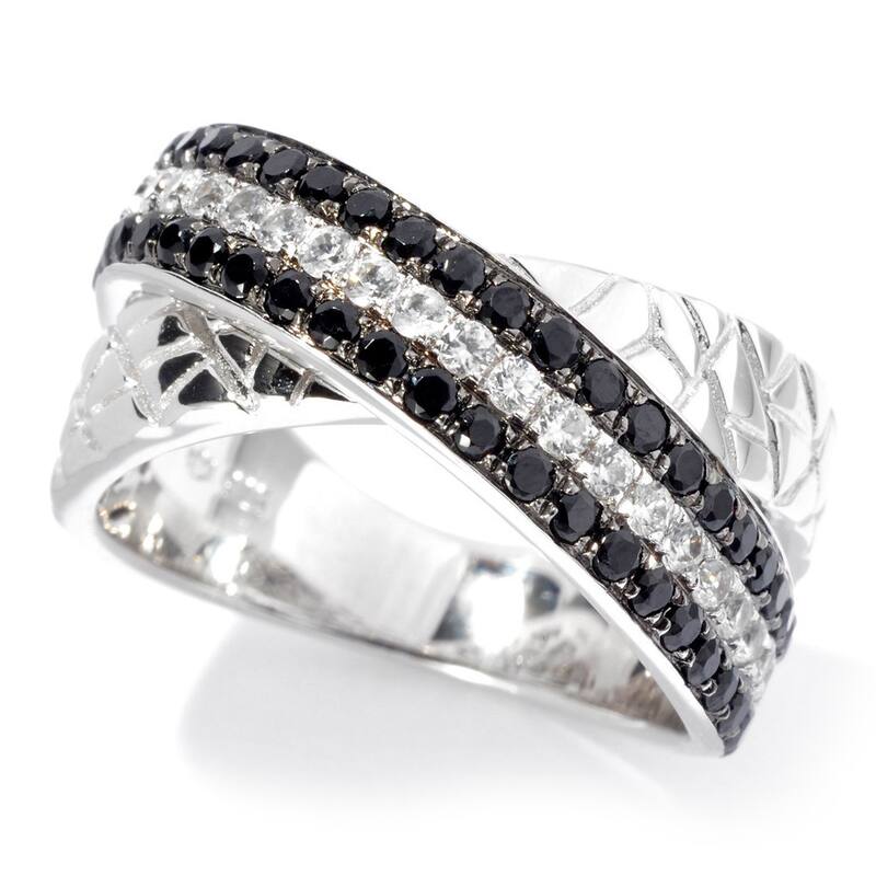 Platinum over Sterling Silver Black Spinel and White Zircon Animal Print Textured Band Ring