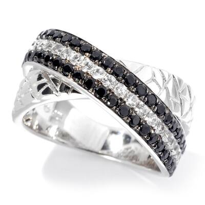 Platinum over Sterling Silver Black Spinel and White Zircon Animal Print Textured Band Ring