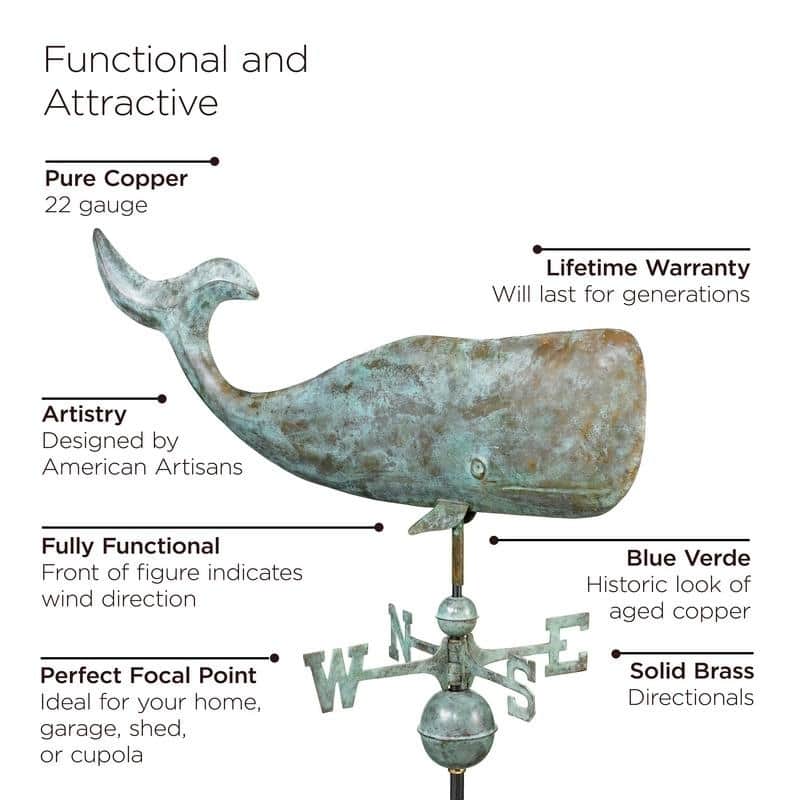 37-inch Whale Weathervane Blue Verde Copper by Good Directions