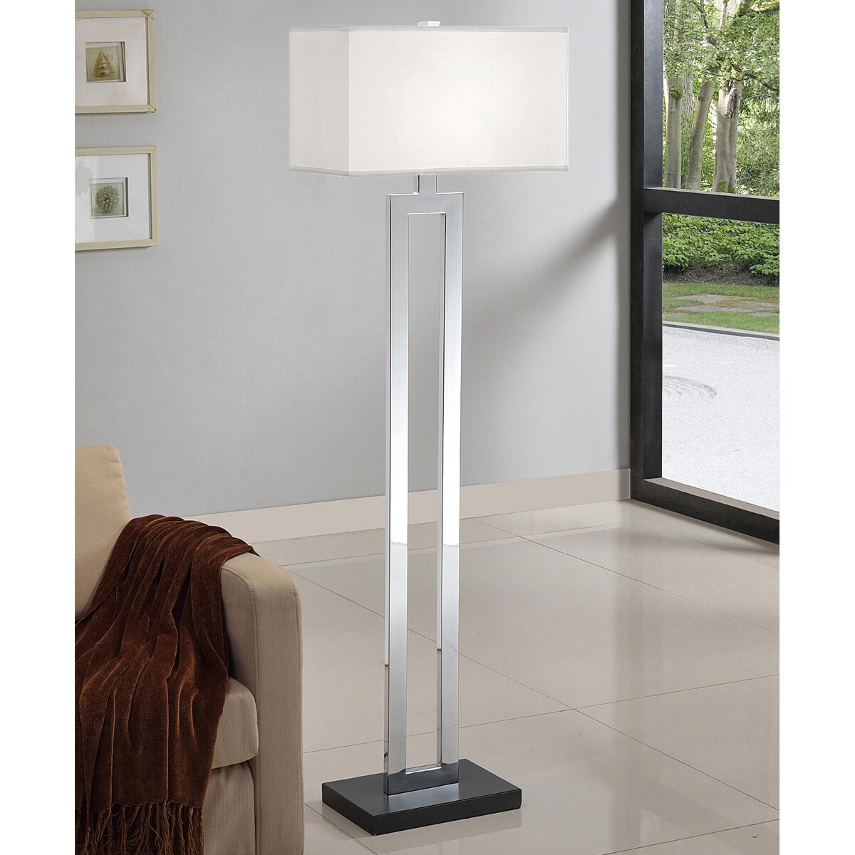 Artiva Usa Geometric Modern Chrome/black Floor Lamp (MetalSetting IndoorFixture finish Black chromeShades Off white linen shade; 11 inches high x 18.5 inches wide x 10 inches deepNumber of lights One (1)Requires One (1) 100 watts 3 way bulb/ 23 watts 