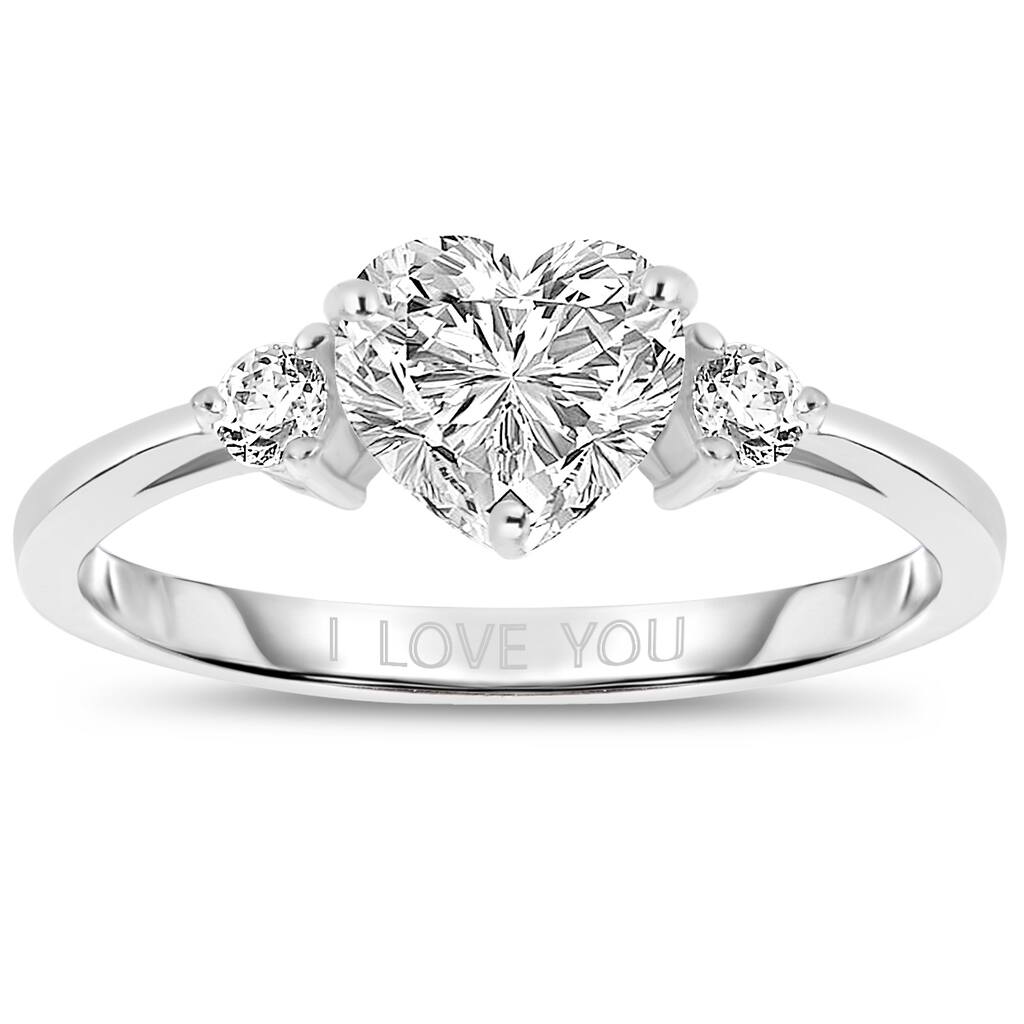 Collette Z Sterling Silver with Rhodium Plated Clear Heart and Round Cubic Zirconia Three-Stone "I Love You" Engagement Ring