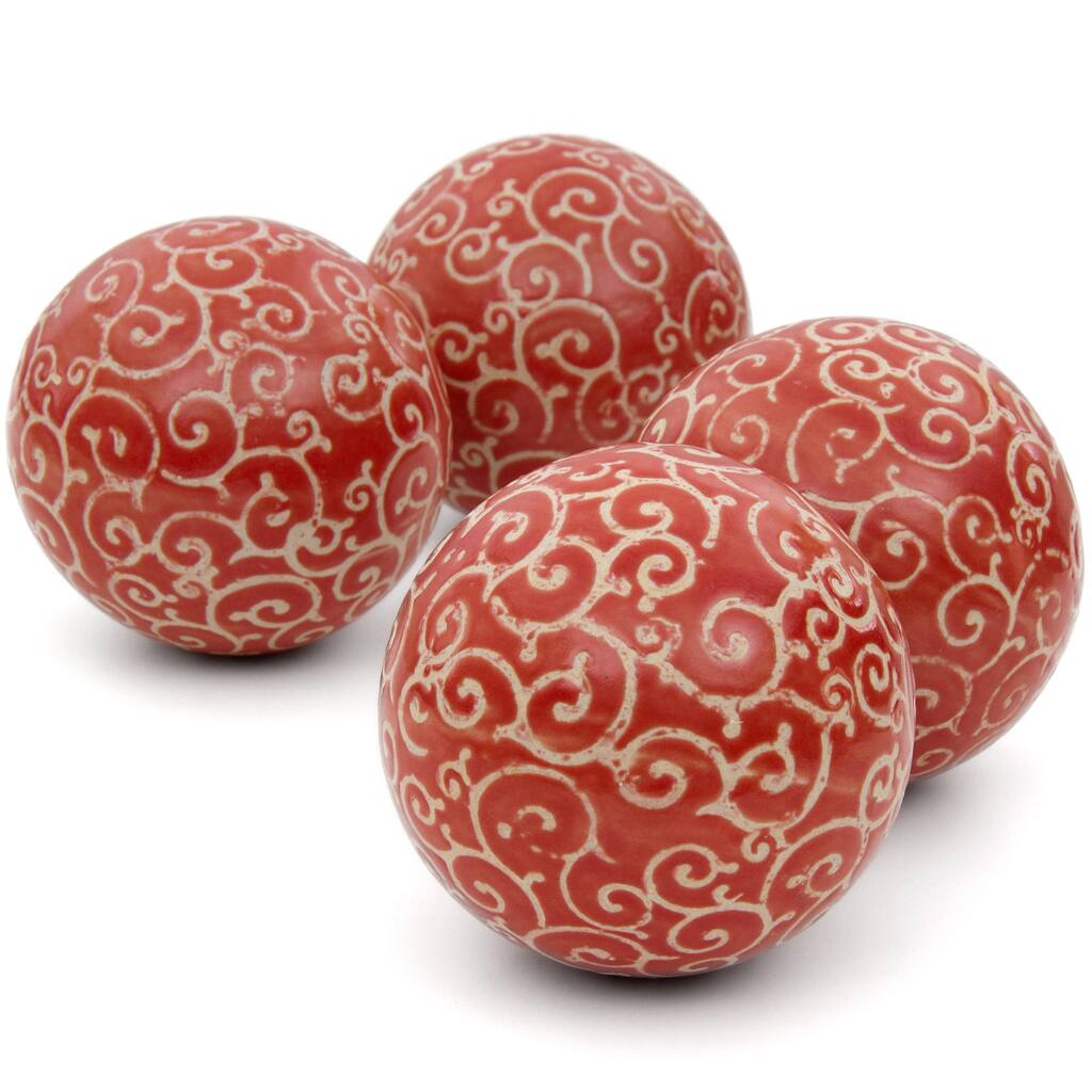 Handmade Red and Beige Vines 4-inch Porcelain Ball Set (China)