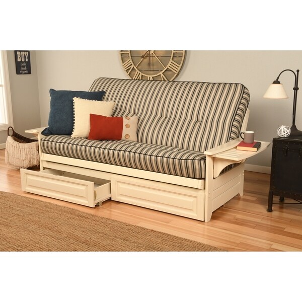 Somette Ali Phonics Multi-Flex Futon Frame in Antique White Wood with Innerspring Mattress and Drawers