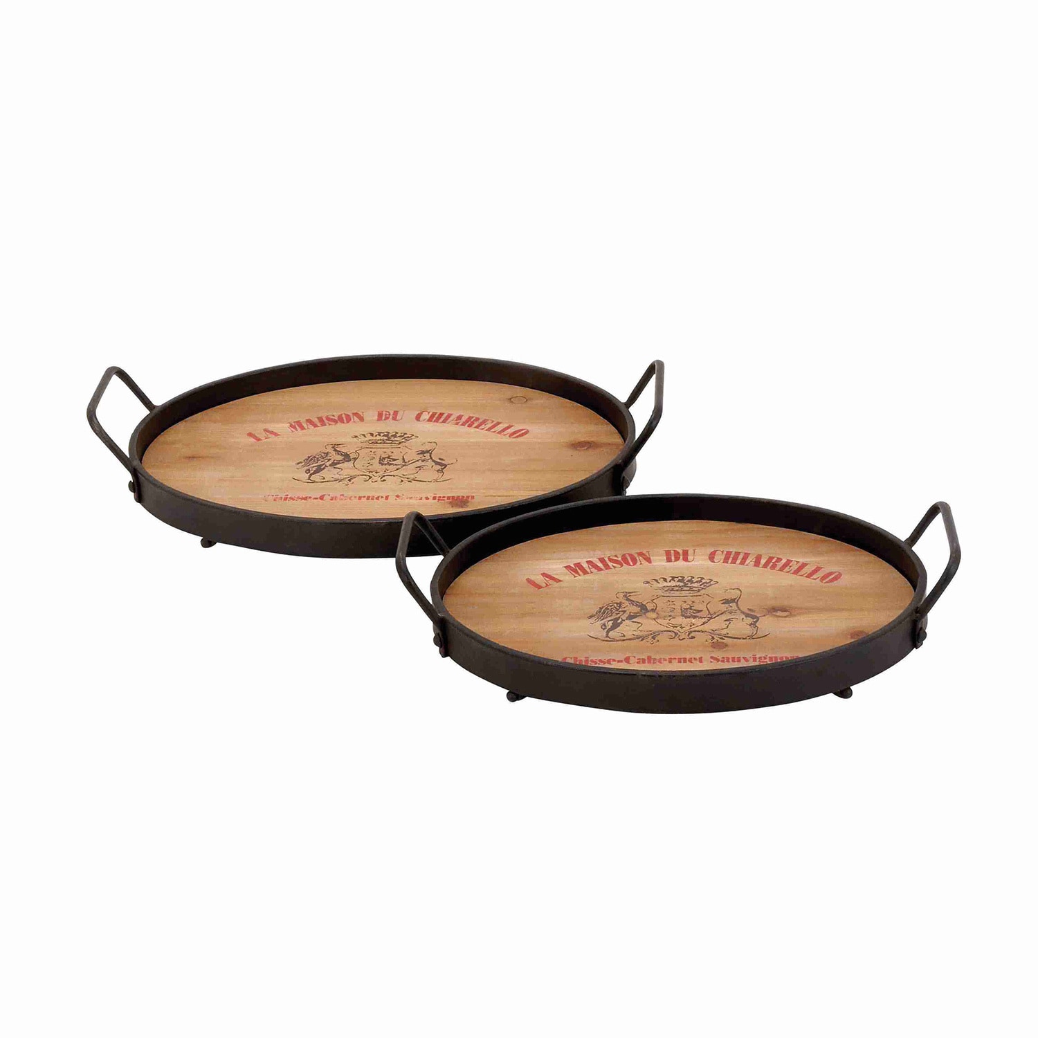 Designed Wood Metal Tray With Metallic Rod   Set Of 2