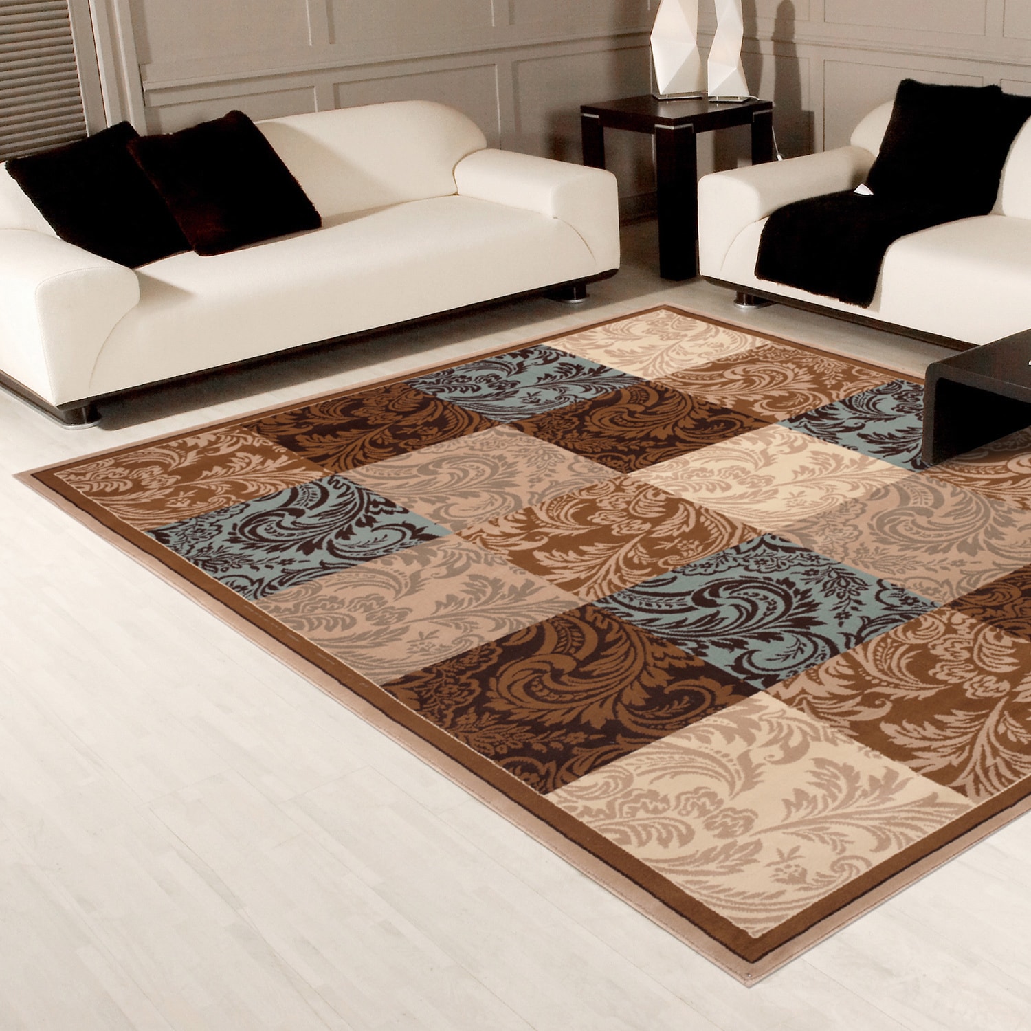 Damask Boxes Blue/ Brown Area Rug (53 X 74)