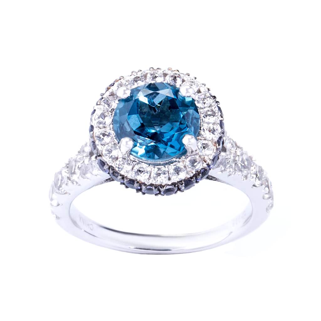 Sterling Silver London Blue Topaz, Iolite and White Topaz Halo Ring