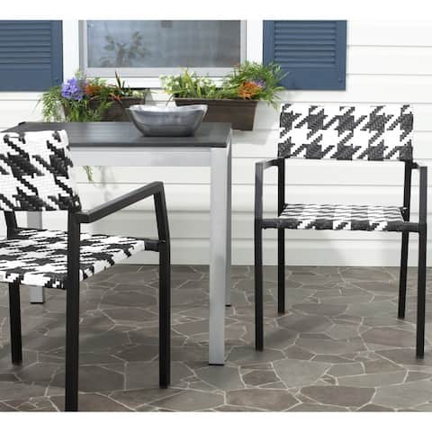 SAFAVIEH Outdoor Halden White/ Black Dining Arm Chair (Set of 2)