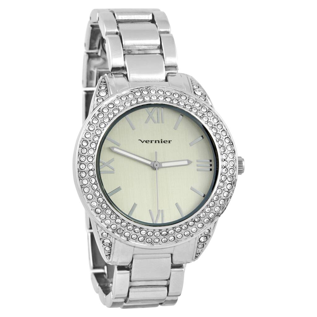 Vernier Women's Curve Case Stone Bezel Silver-Tone Bracelet Watch