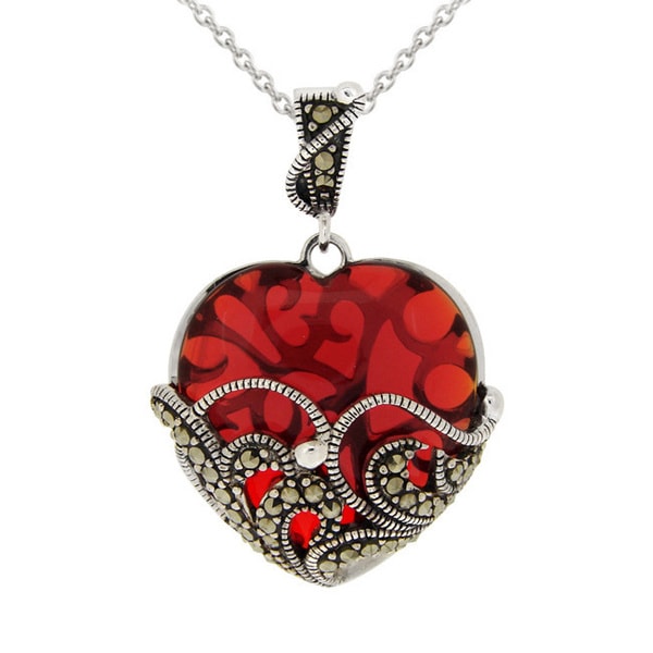 Glitzy Rocks Sterling Silver Marcasite/ Garnet Heart Locket Necklace