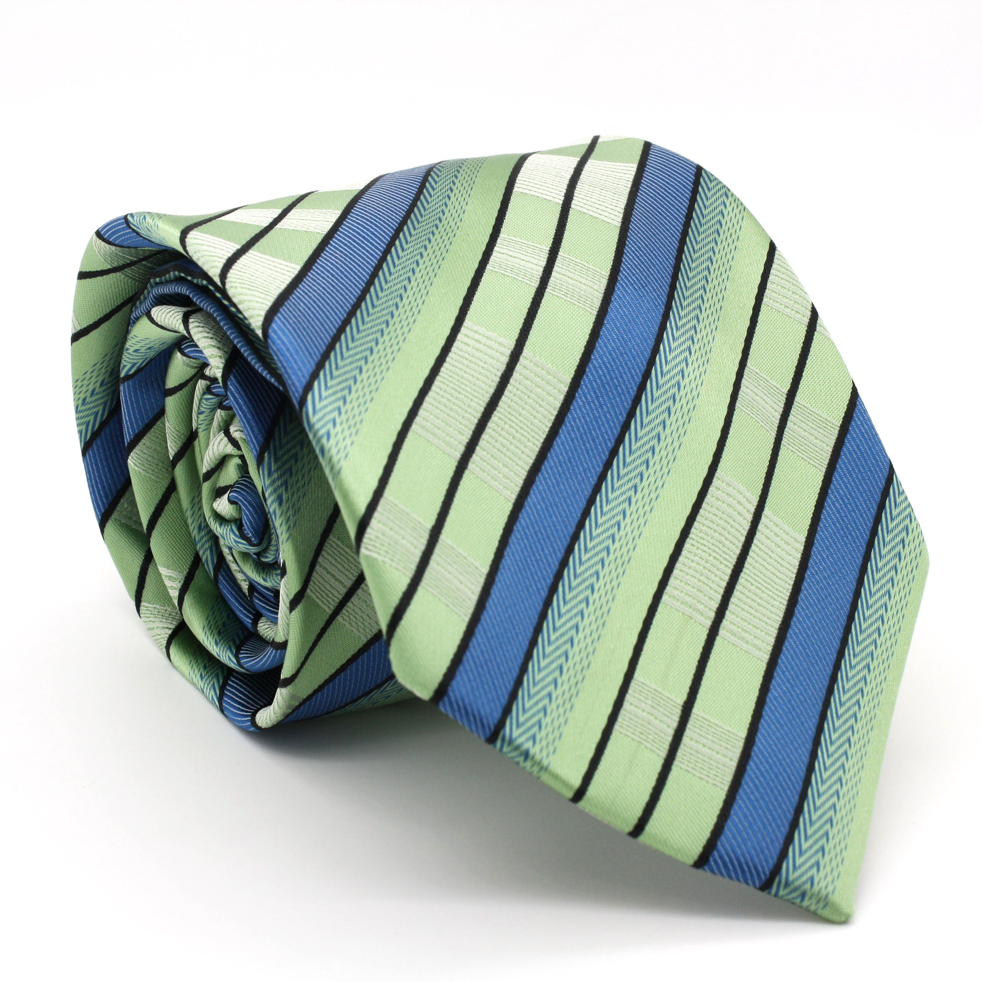 Ferrecci Green/ Blue Striped Neck Tie And Handkerchief Set