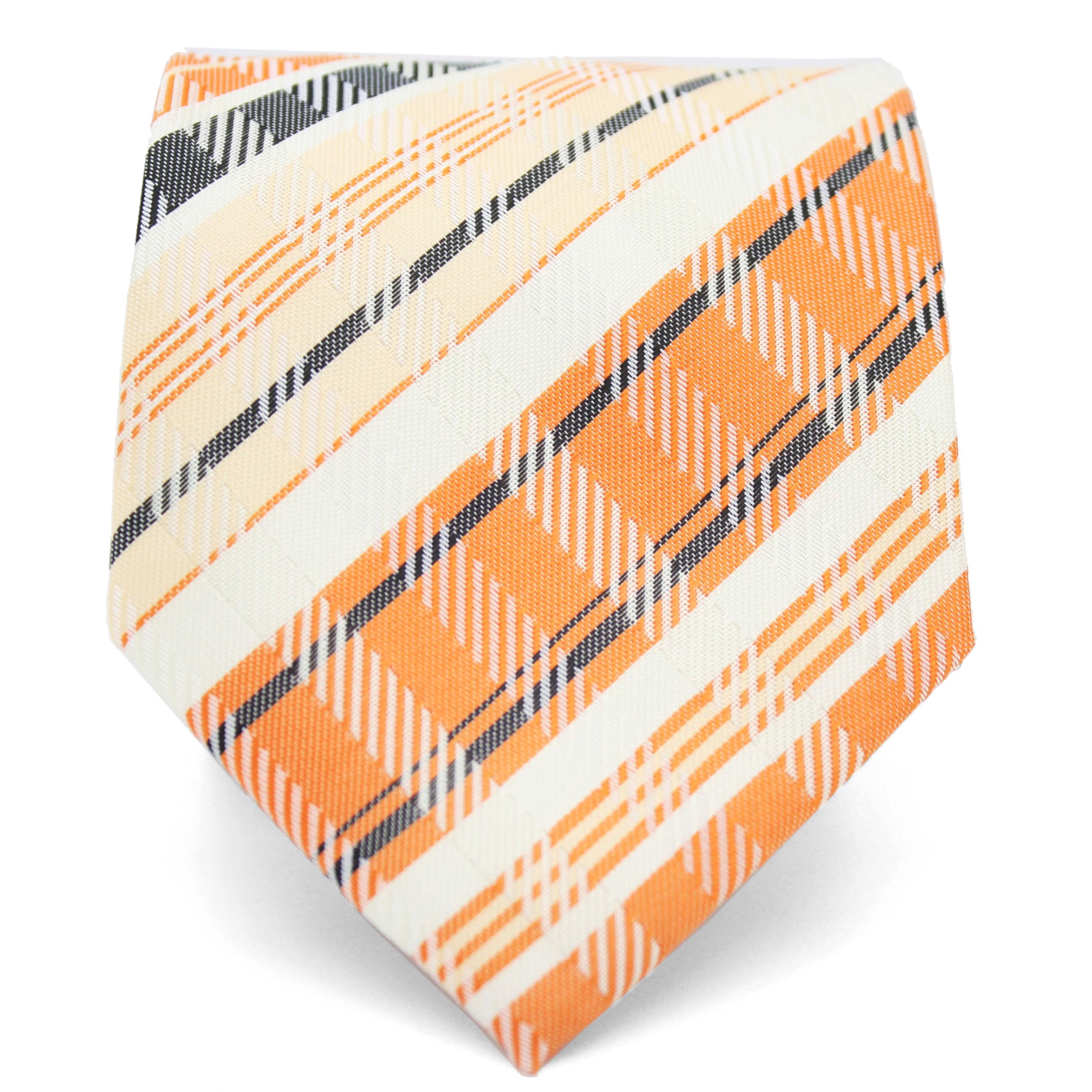 Ferrecci Slim Orange Cream Plaid Classic Necktie With Matching Handkerchief   Tie Set