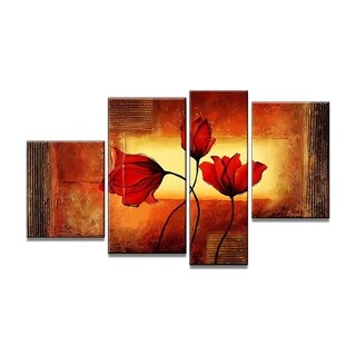 Modern Red Flowers Hand-painted Oil on Canvas 4-piece Painting ...