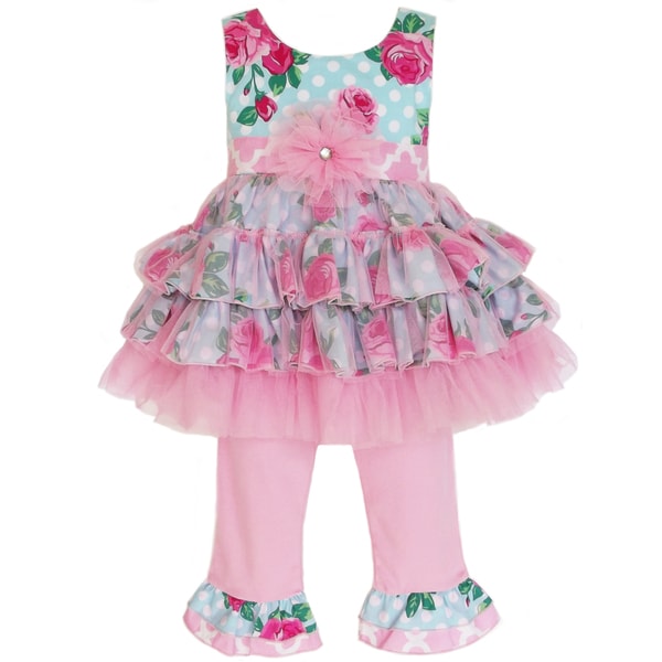 AnnLoren Girl's Rose Dot & Tulle Tunic & Capri Set Ann Loren Girls' Sets