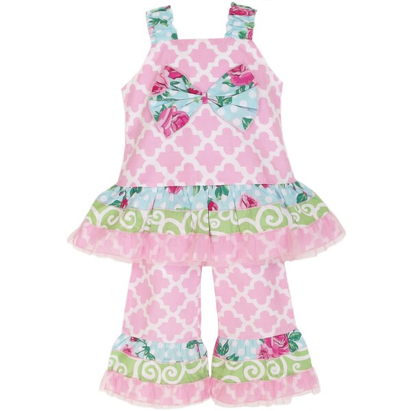 AnnLoren Girls Lattice & Floral Printed Set