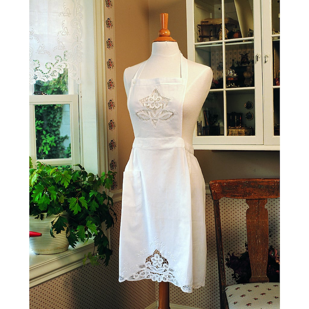 Embroidered Battenberg White Cotton Apron