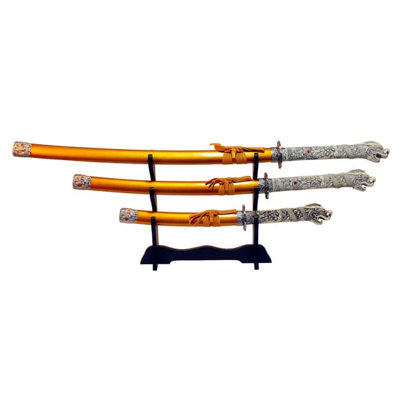 3-piece Gold Carbon Steel Japanese Samurai Highlander Sword Set with Stand