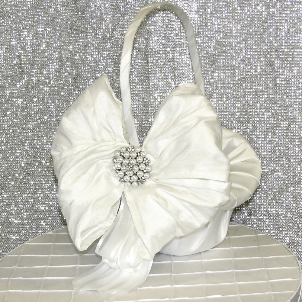 White Crystal And Pearl Flower Girl Basket (White Materials Silk, lace, and crystal Dimensions 12 inches high (with handle) x 8 inches wide )