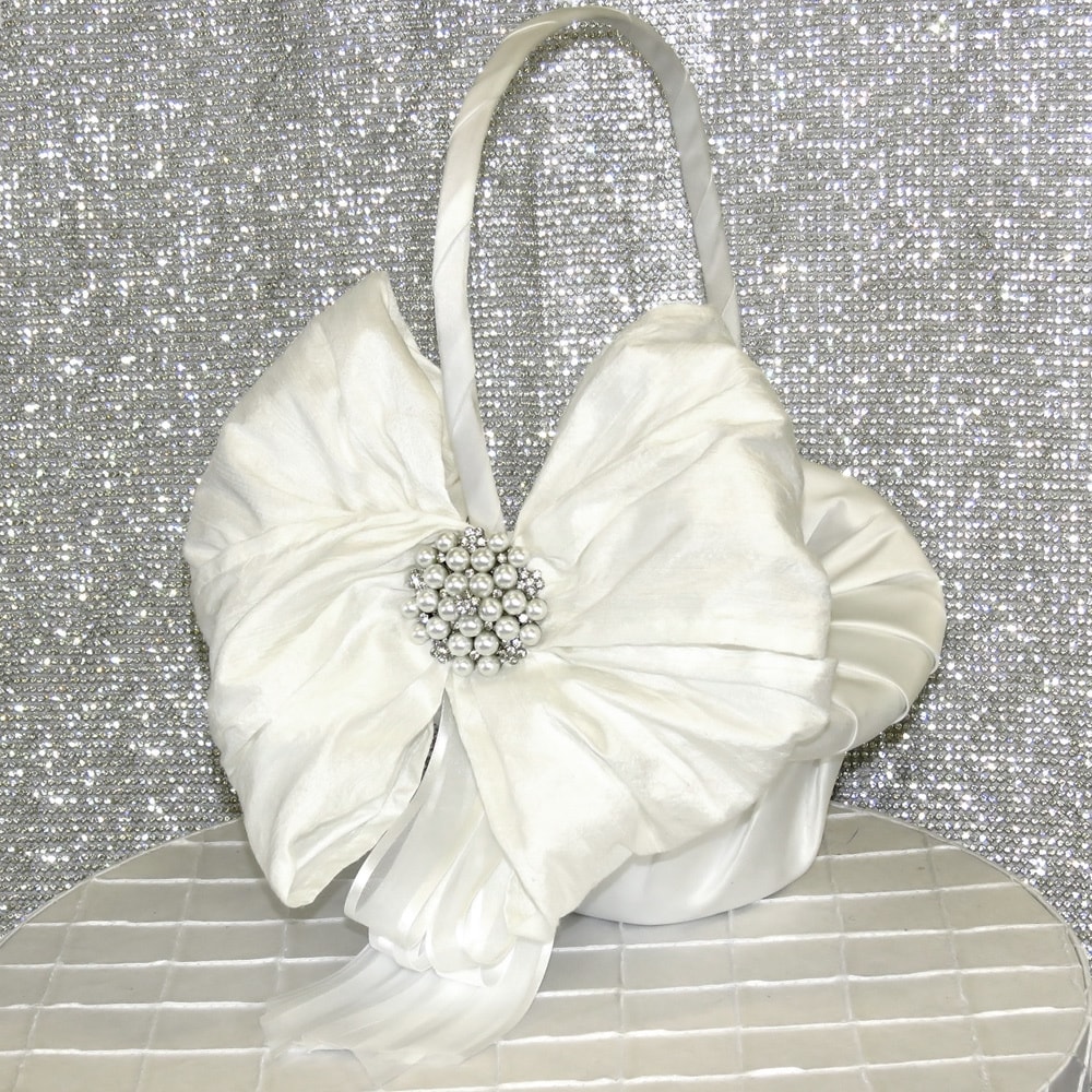 White Crystal And Pearl Flower Girl Basket