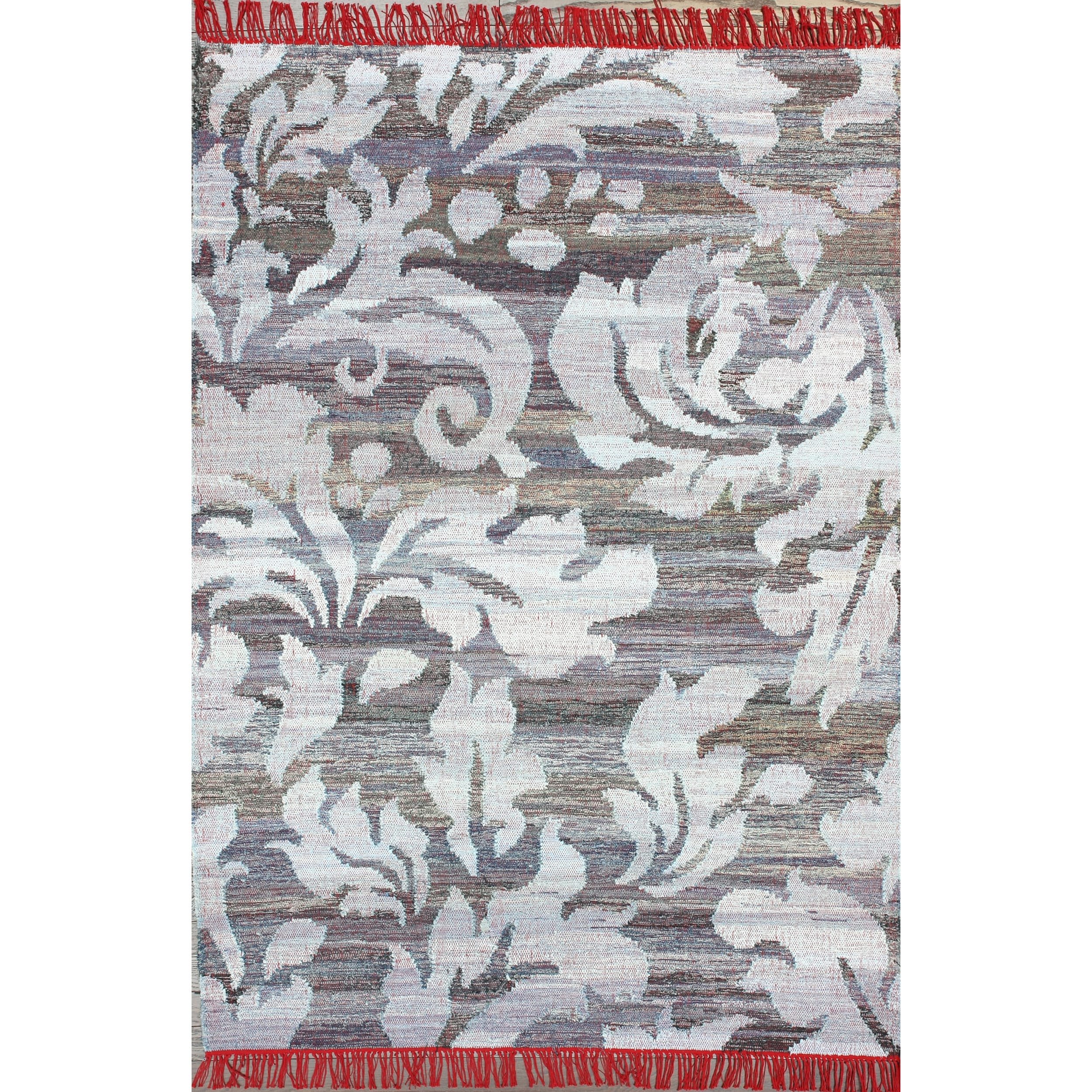 Flatweave Modern Scroll Fringed Blue Cotton Rug (5 X 8)