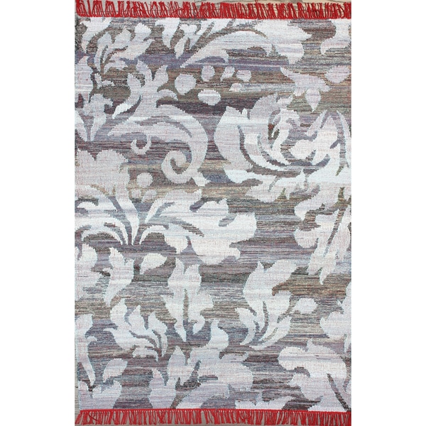 Flatweave Modern Scroll Fringed Blue Cotton Rug (5 x 8)